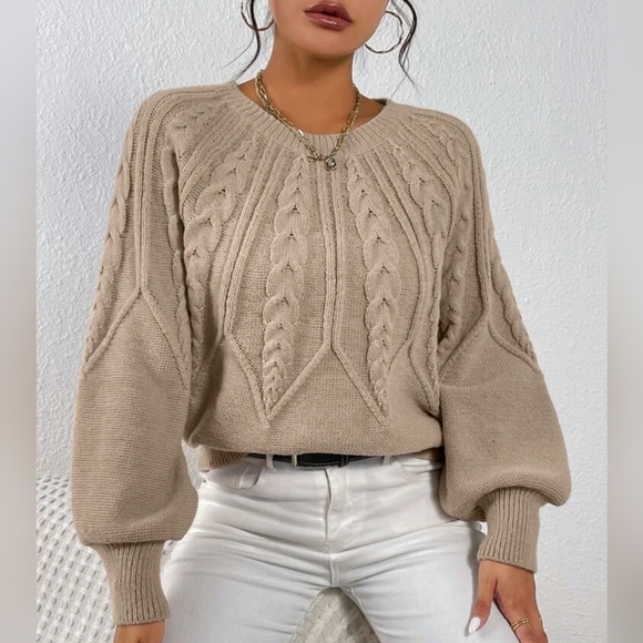 NEW Chic Textured Fair Isle Look Cable Knit Sweater Top Bishop Sleeve Beige - Picture 2 of 9